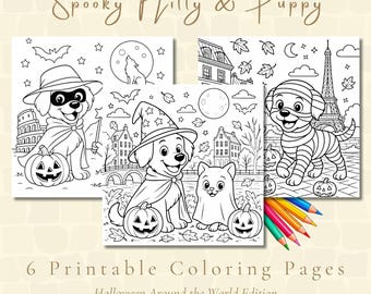 Halloween Puppy & Kitty Coloring Pages | Printable PDF | Instant Download | Iconic Landmarks Around the World | + FREE BONUS Swatch Cards