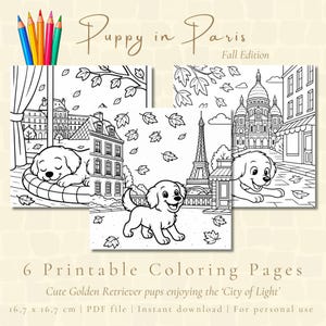 Op de afbeelding: Set van zes afdrukbare kleurplaten met Golden Retriever-puppy's in Parijs. De pagina's bevatten scènes met de Eiffeltoren en andere Parijse bezienswaardigheden. De tekst luidt "Puppy in Paris" en "Fall Edition". Elke pagina is 16,7 x 16,7 cm groot.