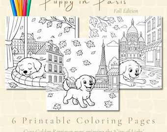 Puppy in Paris Printable Coloring Pages | Instant PDF Download | Coloring for dog lovers | Fall Vibes | + FREEBIE: 3 Printable Swatch Cards