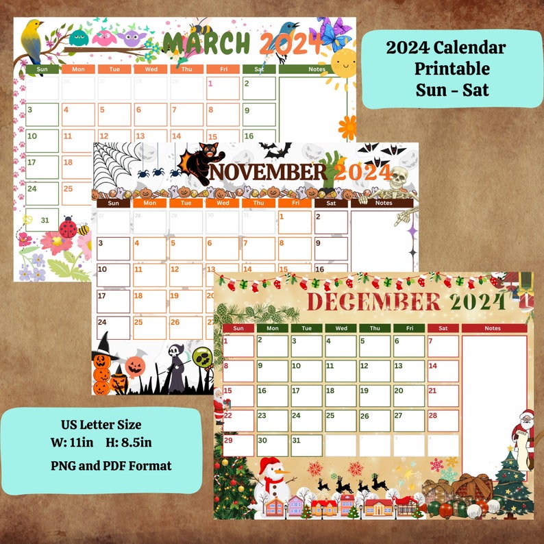 2024 Printable Calendar Monthly Calendar Landscape Calendar Etsy