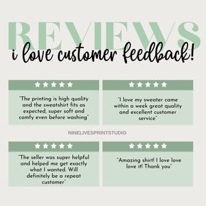 May include: Four customer reviews with five-star ratings for a product. The reviews highlight the high quality of the product, the fast shipping, and the helpful customer service. The reviews are displayed on a green background with the text "REVIEWS" and "I love customer feedback!" at the top.