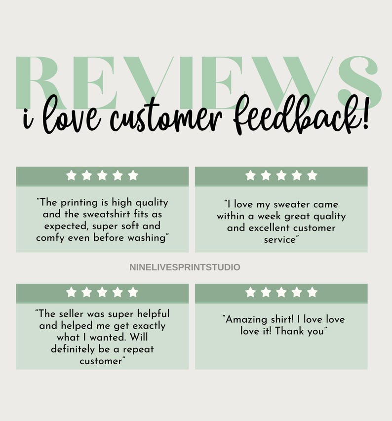 May include: Four customer reviews with five-star ratings for a product. The reviews highlight the high quality of the product, the fast shipping, and the helpful customer service. The reviews are displayed on a green background with the text "REVIEWS" and "I love customer feedback!" at the top.