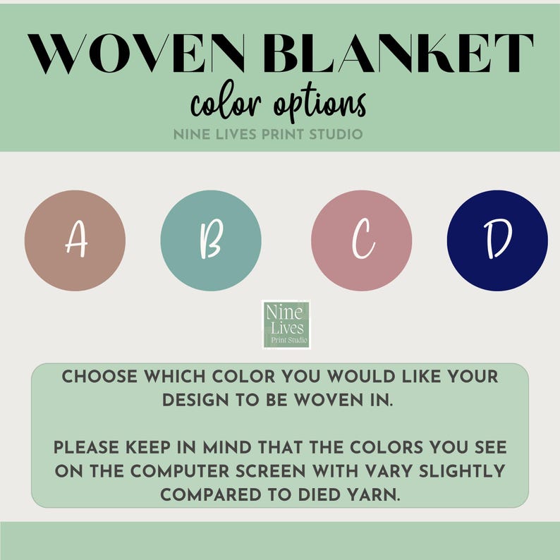 K&ouml;nnte beinhalten: Das Bild zeigt Farboptionen f&uuml;r eine gewebte Decke. Der Text lautet "WOVEN BLANKET color options" und "Nine Lives Print Studio". Vier Farbauswahlen werden angezeigt: A (Braun), B (T&uuml;rkis), C (Rosa) und D (Marineblau).