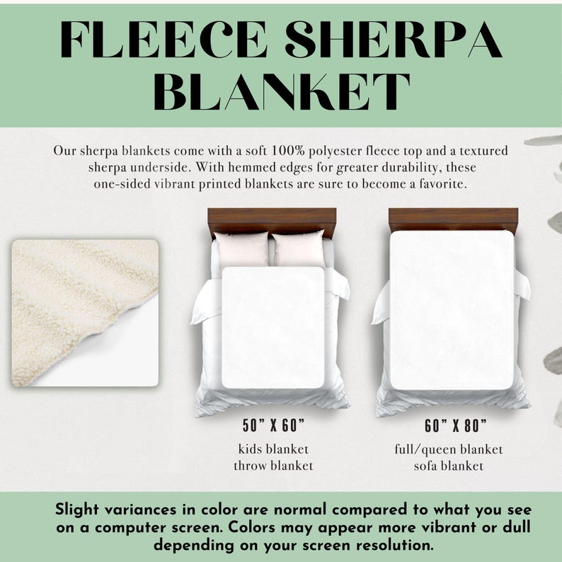 K&ouml;nnte beinhalten: Bild einer Fleece-Sherpa-Decke mit Text. Die Decke ist in zwei Gr&ouml;&szlig;en erh&auml;ltlich: 127 cm x 152 cm (Kinder/Wurf) und 152 cm x 203 cm (Voll/Queen/Sofa). Der Text besagt, dass die Decken eine weiche Polyester-Fleece-Oberseite und eine strukturierte Sherpa-Unterseite haben.