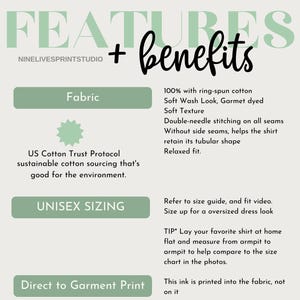 May include: A graphic with the text "FEATURES + benefits" and information about the fabric, sizing, and printing process of a shirt. The fabric is 100% ring-spun cotton, soft wash, and has a relaxed fit. The shirt is unisex sizing and has a direct to garment print.