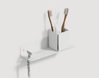White Steel Floating Shelf with Hook: Modern Bathroom Wall Shelf - 25cm| 9.84in - Rustproof