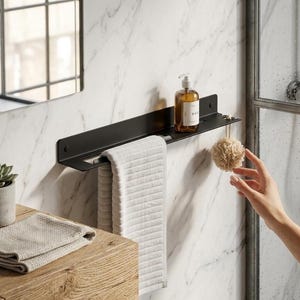 Black Floating Shelf with Towel Bar