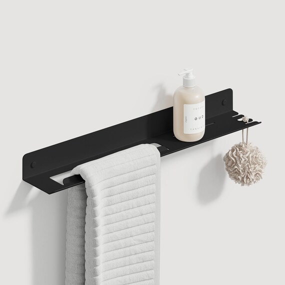 Black Floating Shelf with Towel Bar - Modern Bathroom Organizer - 50cm|19.68" - Rustproof