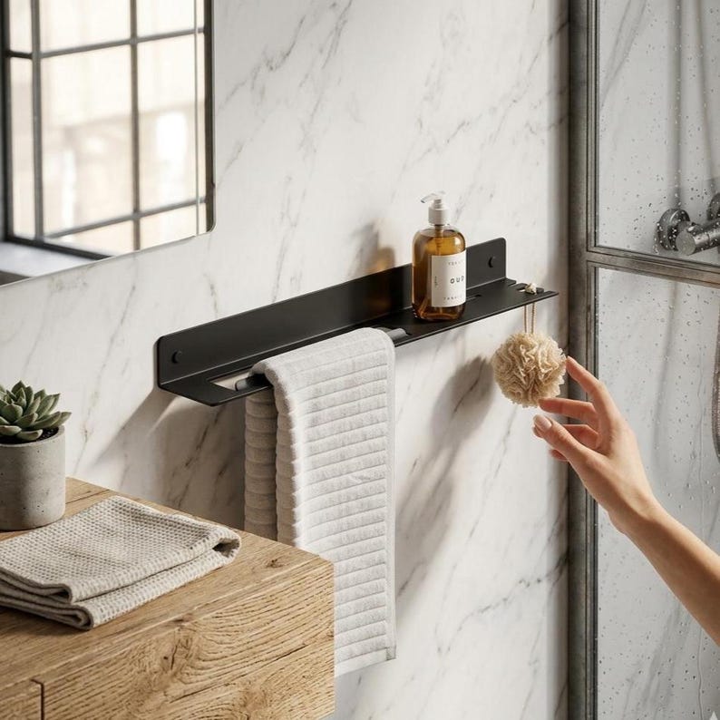 Black Floating Shelf with Towel Bar