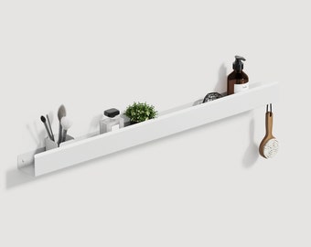 Stylish Shower Shelf with Right Hook, White Metal Floating Shelf, Stainless Steel, Bathroom Decor 39.37in / 100cm