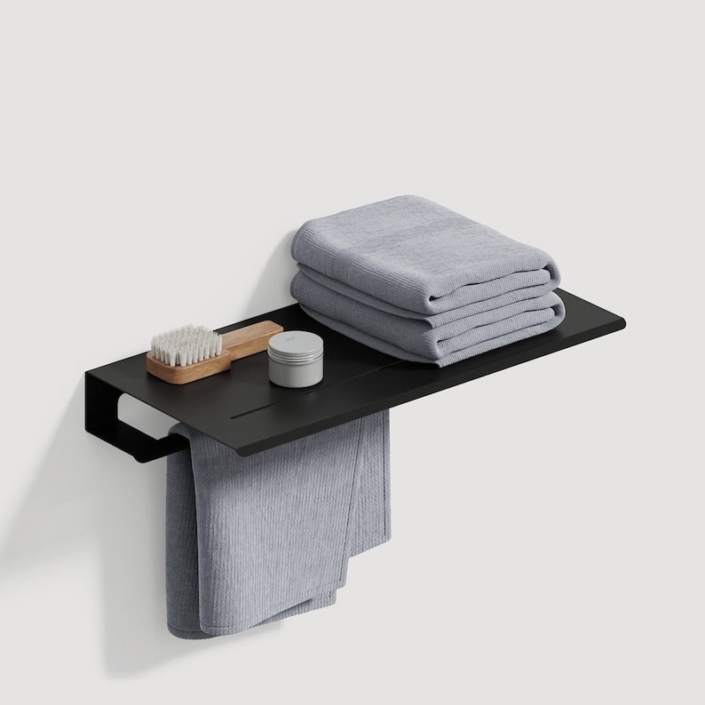 Wall Mounted Towel Shelf with Steel Railing Stylish Bathroom Organizer, Housewarming Gift Idea Black RAL 9005