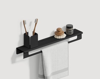 Modernes schwarzes Schweberegal mit Handtuchhalter | Badezimmer-Wandorganisator | Einweihungsgeschenk 19,68 Zoll/50 cm