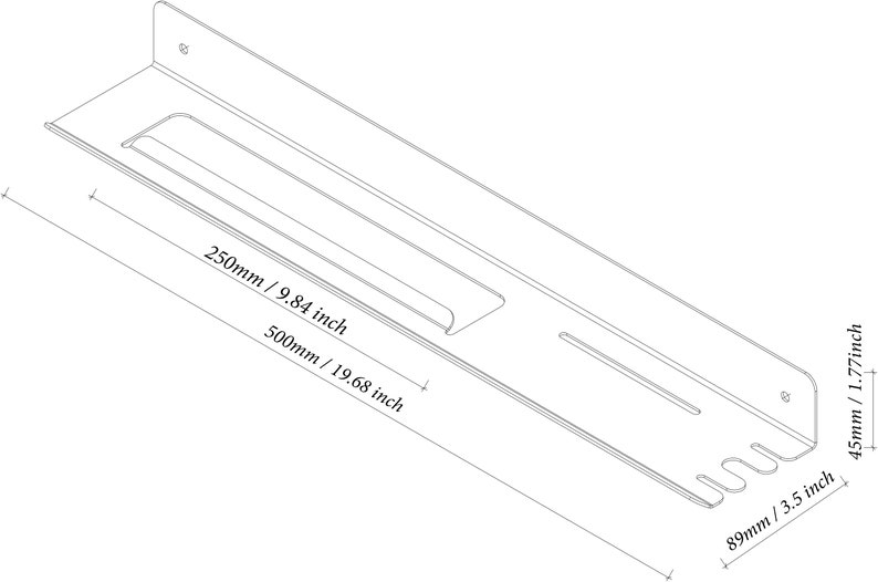 Pode incluir: Uma prateleira de metal branco com medidas em polegadas e mil&iacute;metros. A prateleira tem 19,68 polegadas de comprimento e 1,77 polegadas de altura. Tem um pequeno recorte retangular e v&aacute;rios orif&iacute;cios redondos.