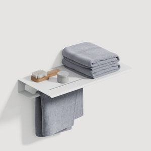 Wall Mounted Towel Shelf with Steel Railing Stylish Bathroom Organizer, Housewarming Gift Idea White RAL 9016