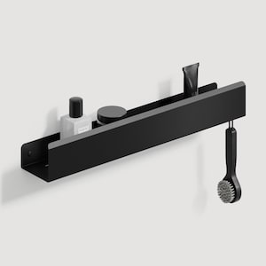 Black Metal Bathroom Shelf with Hooks: Wall Mount Shower Organizer
