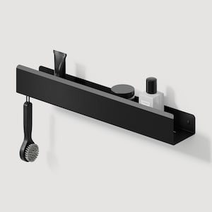 Black Metal Bathroom Shelf with Hooks - Wall Mounted Shower Caddy