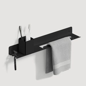 Wall mount black steel towel shelf with left-side hook