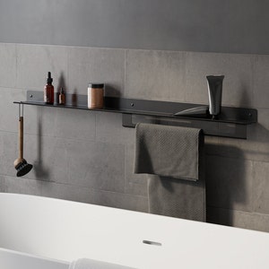 Black Shower Shelf with Floating Design - Stylish Towel Rack, Powder Coated Bathroom Shelf, Housewarming Gift - 39.37in 100cm