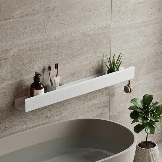 White Shower Shelf with Hook: Steel Bathroom Shelf - Rustproof