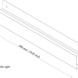 May include: A technical line drawing of a rectangular metal shelf with a hook on the right side. Dimensions are labelled as 500 mm in length, 89 mm in width, 72 mm in height, and 45 mm for the side panel height, with the text Hook on the right.
