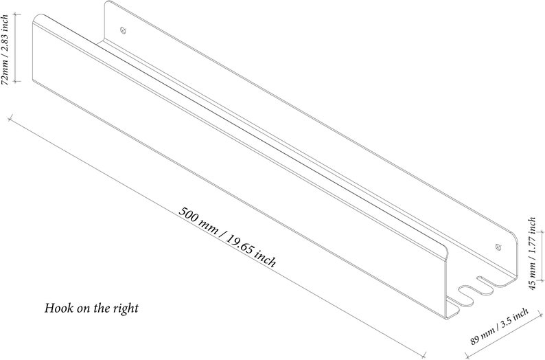 May include: A technical line drawing of a rectangular metal shelf with a hook on the right side. Dimensions are labelled as 500 mm in length, 89 mm in width, 72 mm in height, and 45 mm for the side panel height, with the text Hook on the right.