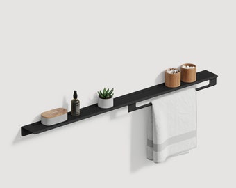 Black Shower Shelf with Floating Design - Stylish Towel Rack, Powder Coated Bathroom Shelf, Housewarming Gift - 39.37in 100cm
