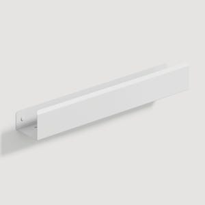 May include: A long, narrow, white metal wall shelf with a U-shaped profile. The shelf features a flat base, a tall front lip, and a back panel with visible circular mounting holes on the side for secure attachment to a flat vertical surface.