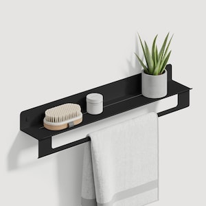 Modern Black Floating Shelf with Towel Rack | Bathroom Wall Organizer | Housewarming Gift 19.68in/50cm