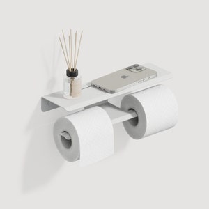 Sleek White Toilet Paper Holder with Shelf: Modern Bathroom Storage