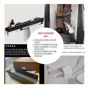 Pode incluir: Prateleira de metal preto com barra para toalhas e uma pequena prateleira para artigos de higiene pessoal. A prateleira est&aacute; montada em uma parede branca. O texto "WHY CHOOSE US?" est&aacute; escrito em vermelho em um c&iacute;rculo branco. Abaixo do texto, h&aacute; marcadores que listam os recursos da prateleira: "A&ccedil;o inoxid&aacute;vel AISI 430 1,5 MM", "Revestimento em p&oacute; de qualidade", "Respostas r&aacute;pidas &agrave;s suas perguntas", "Enviamos pedidos a tempo", "Coment&aacute;rios positivos dos clientes".