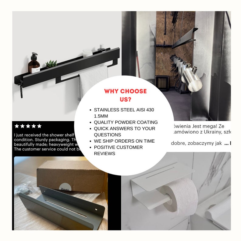 Pode incluir: Prateleira de metal preto com barra para toalhas e uma pequena prateleira para artigos de higiene pessoal. A prateleira est&aacute; montada em uma parede branca. O texto "WHY CHOOSE US?" est&aacute; escrito em vermelho em um c&iacute;rculo branco. Abaixo do texto, h&aacute; marcadores que listam os recursos da prateleira: "A&ccedil;o inoxid&aacute;vel AISI 430 1,5 MM", "Revestimento em p&oacute; de qualidade", "Respostas r&aacute;pidas &agrave;s suas perguntas", "Enviamos pedidos a tempo", "Coment&aacute;rios positivos dos clientes".