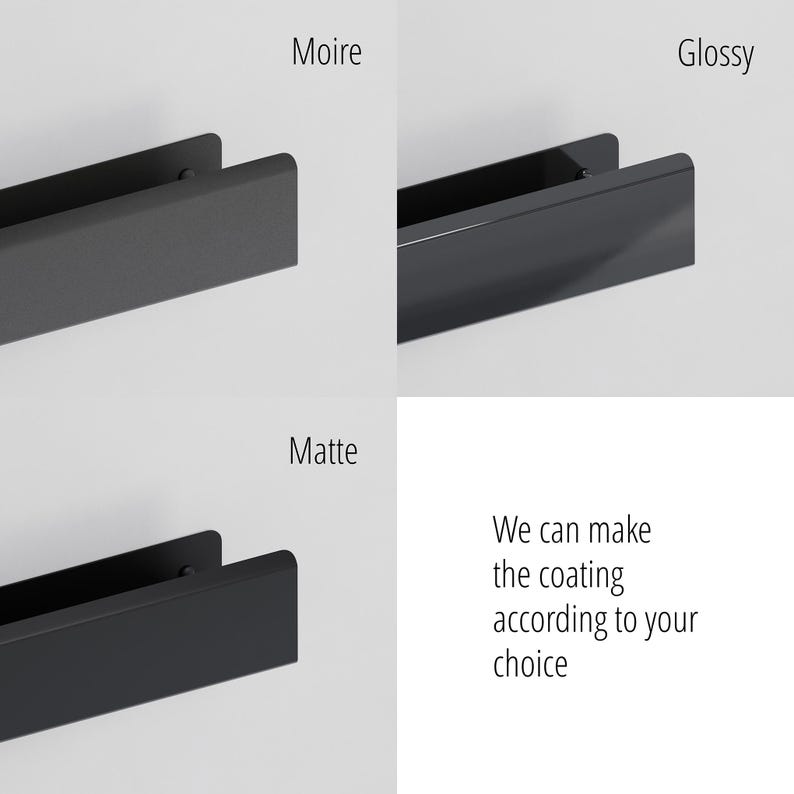 May include: Three black metal drawer pulls shown in different finishes labelled Moire, Glossy, and Matte. The text states: We can make the coating according to your choice. Each handle features a long, rectangular, flat front profile with rounded edges.