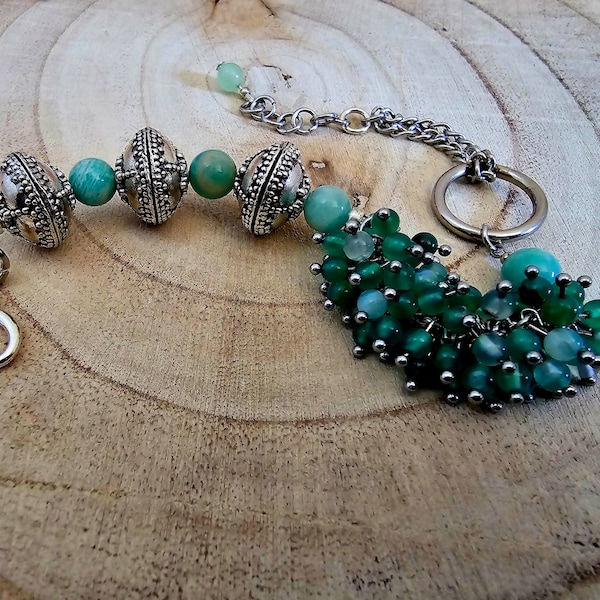 Bracelet femme ajustable réglable grosse perle breloque métal argenté véritable perle verte amazonite et agate artisanat création unique