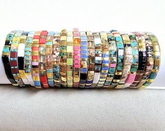 Pulsera elástica Miyuki Tila con cuentas planas y brillantes de diferentes colores, diseño único en oro y plata, regalo para mujer.