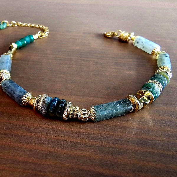 Bracelet romantique bohème différente perle véritable pierre Labradorite allongée breloque chaine acier inoxydable création modèle unique