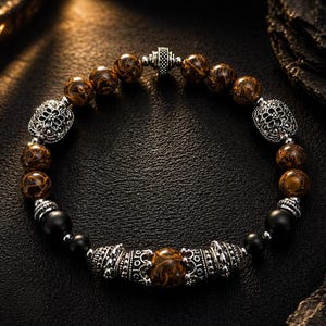 May include: A beaded bracelet featuring brown and black beads with ornate silver-colored metal accents. The bracelet has a mix of round and oval beads, creating a textured and detailed design. The bracelet is displayed on a dark, textured surface.