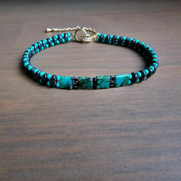 Bracelet mixte ajustable perle Miyuki Tila couleur noire turquoise série Picasso chaine breloque dorée acier inoxydable création unique