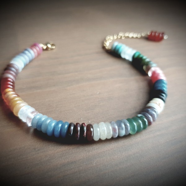 Bracelet mixte homme femme ajustable multicolor différente couleur perle pierre ronde plate Heishi naturelle création unique surfeur boho