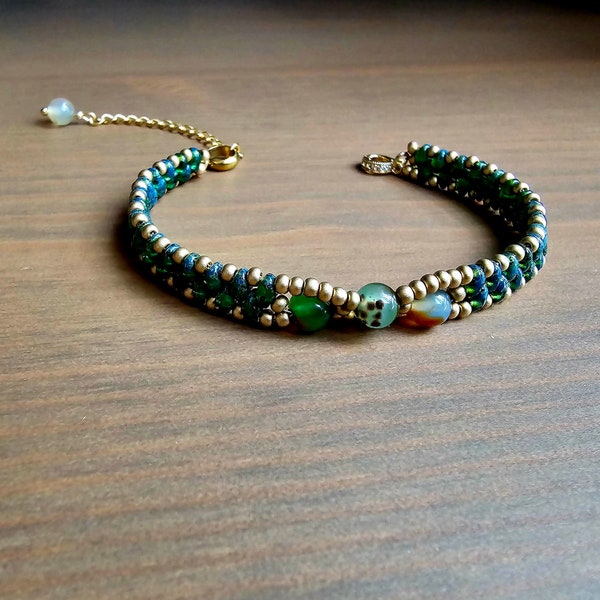 Bracelet ajustable femme perle rocaille tchèque double trou bleue verte Picasso perle ronde lisse couleur paon création modèle unique boho