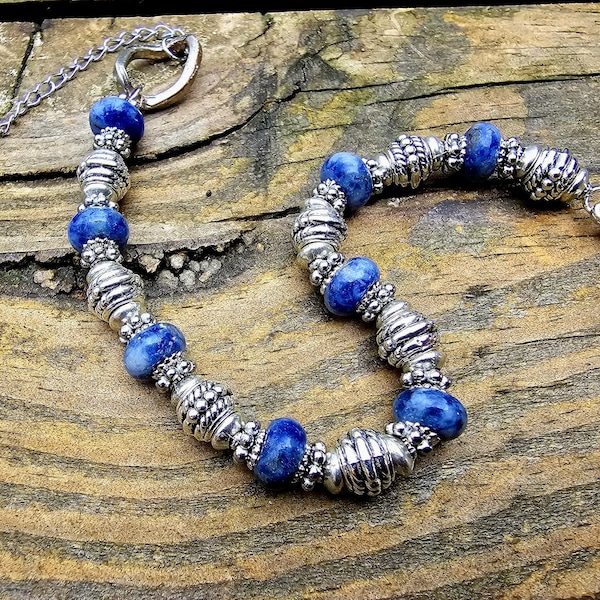 Bracelet mixte homme femme garçon viking ethnique réglable perle acier inoxydable argenté perle bleue sodalite création artisanat fait main