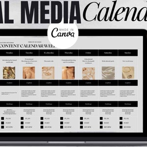 Social Media Content Calendar, Social Media Monthly Content Planner, Canva, Instagram, Youtube, TikTok, Facebook, Black