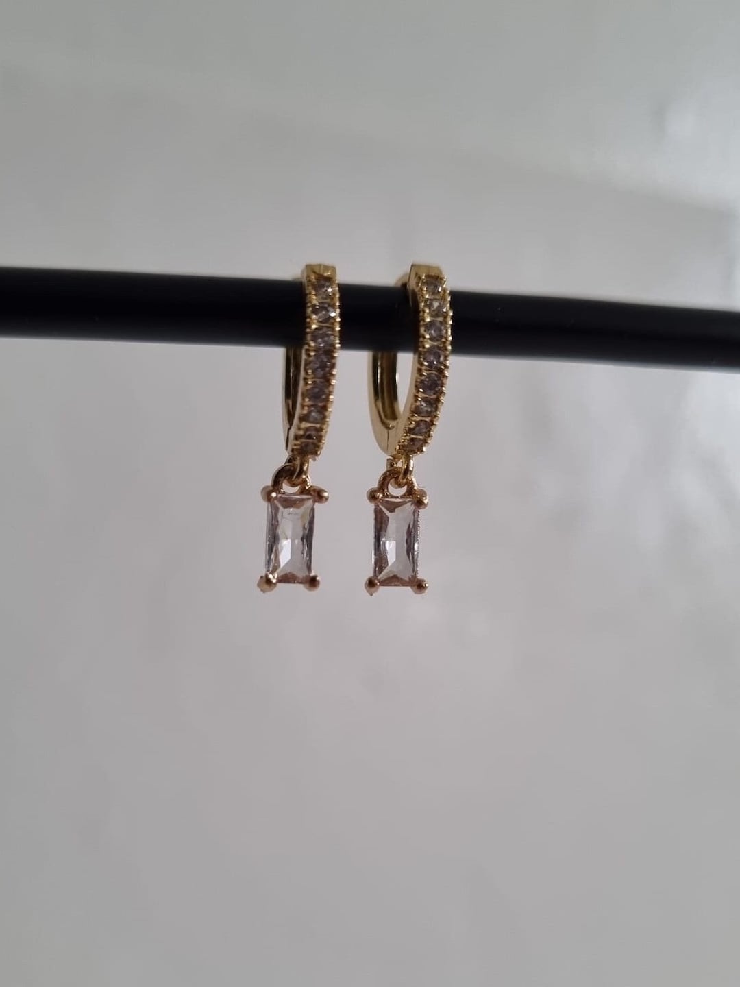 18k Gold Plated Hoops With Clear Pendant Gold Huggie Hoops Etsy