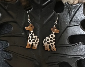 Lightweight black and white spotted wooden “giraffe” earrings, earrings with hook, wooden animal earrings