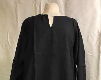 Lange schwarze Baumwolltunika, Damen-Boho-Tunika, schwarze Boho-Chic-Tunika, mittelalterliche Herren-Tunika, schwarze Baumwoll-Toga, ethnische Tunika