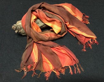 Cheiche rayées en coton fluide dégradée de orange et marron flouté, écharpe en coton, foulard en coton, écharpe ethnique en coton