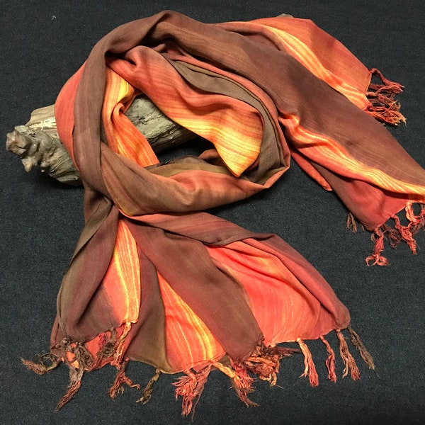 Cheiche rayées en coton fluide dégradée de orange et marron flouté, écharpe en coton, foulard en coton, écharpe ethnique en coton