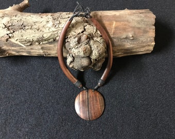 Wooden choker necklace with solid flat round pendant, handcrafted wooden necklace, short necklace with slide clasp