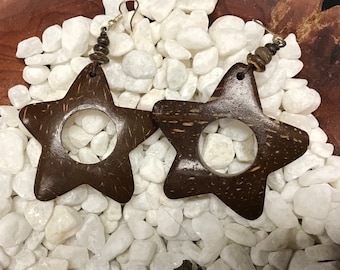 Large Polished Coconut Star Earrings with Wooden Beads Mounted on Waxed Cotton Thread and Ear Hook