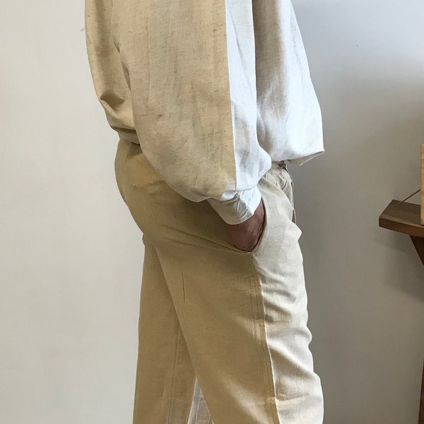 Pantalon droit décontracté en coton beige, pantalon de détente beige, pantalon homme en coton beige