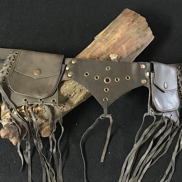 Multi-pocket leather belt, leather festival bag belt, belt with leather pockets and fringes